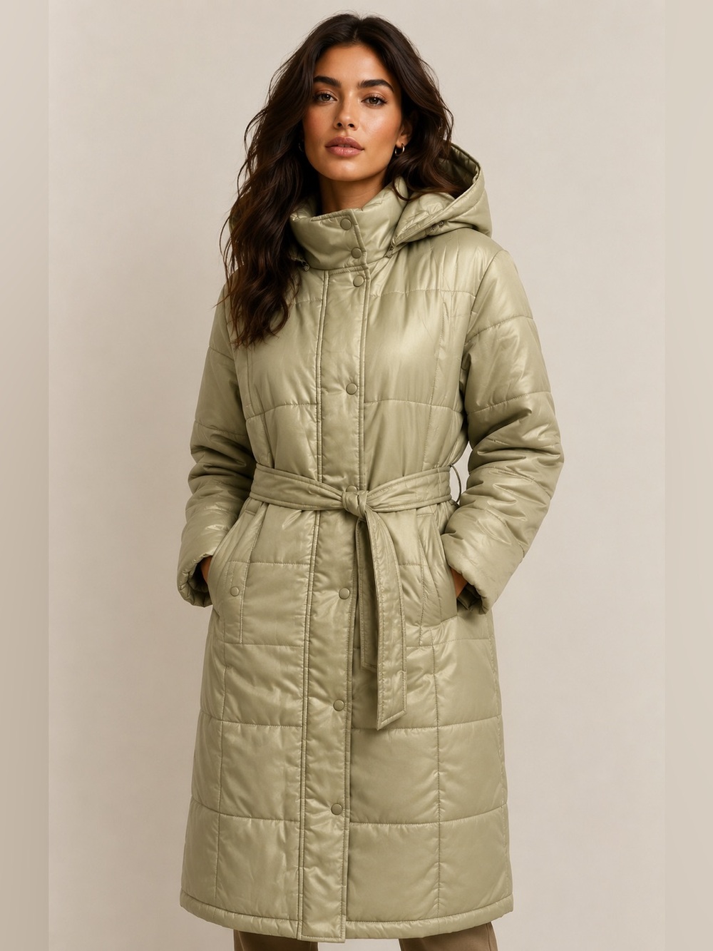 Top secret  VTG long puffer jacket sage green SZ L EUC zip front hooded